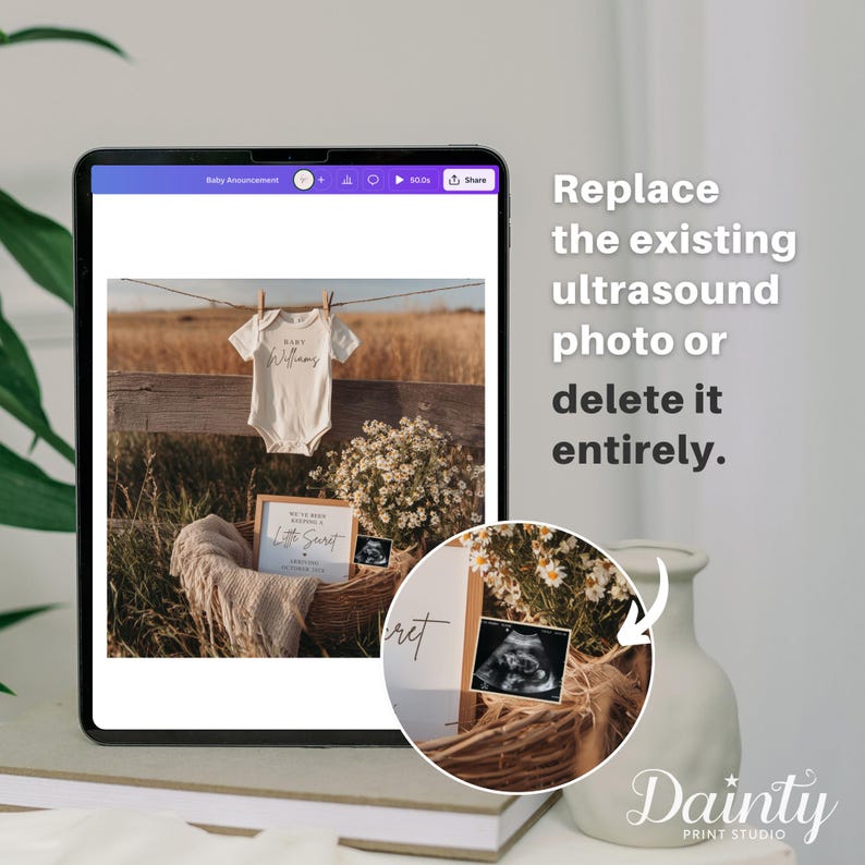 May include: A digital baby announcement design displayed on a tablet. The design includes a baby onesie, a framed sign, and an ultrasound image. The text on the onesie reads "Baby Williams". The text on the sign reads "We've Been Keeping A Little Secret".