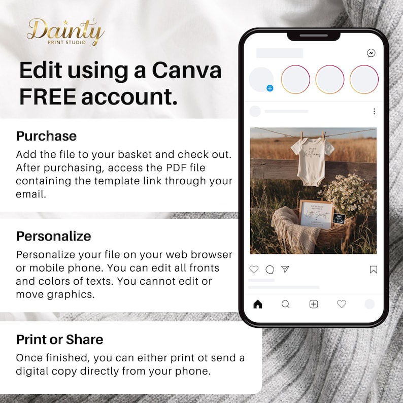 May include: A smartphone displays an Instagram post with a baby onesie hanging on a clothesline. Text on the screen reads "Edit using a Canva FREE account." Instructions for purchase, personalization, and sharing are also visible.