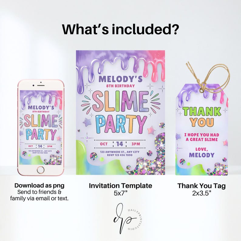 Slime Rant Layout Template Editable Slime Birthday Party Invitation Template With Thank You Tag ...