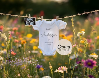 Spring Floral Pregnancy Announcement: Baby Clothesline, Editable Template (Digital Download)