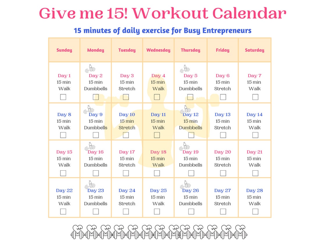 Workout Calendar Digital Workout Calendar 28 Day Workout Calendar 15 Minute Workout Calendar Etsy