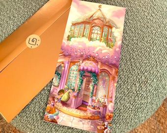 Carte Postale Salon de Thé Strathéus Nuages Alice wonderland magie fantasy illustration print art girl rose anniversaire patisserie boulange