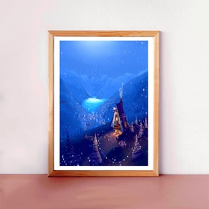 Illustration magie noel maison livre village hiver fjord montagne neige magie fantasy lutins cadeau foret paysage nature sapins  Print Art