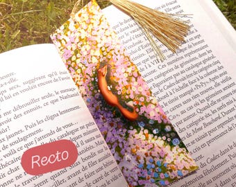Small Bookmark Recto Verso Illustration fox flowers pink cute nature fields fields spring spring cute animal landscape fantasy