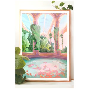 Illustration jardin nenuphars botanique serre landscape character magie fantastic artwork decoratiojn murale poster carte peinture numerique