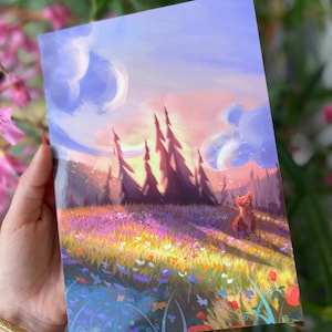 Carte Postale A5 BRILLANTE renard champs fleurs printemps forêt été illustration  art print fleurs pétales roses Jura montagnes nature