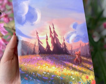 Cartolina A5 LUMINOSO volpe campi fiori primavera foresta estate illustrazione stampa artistica fiori petali rosa montagne del Giura natura