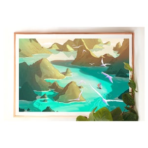 Illustration archipel iles voyage voilier oiseau nature paysage fantasy magie lagon romans carte cadre peinture cadeau maman anniversaire