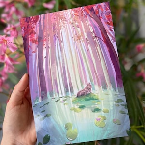 Carte Postale A5 BRILLANTE lynx automne étang lac nénuphar Jura forêt Serenity animal cat fleurs pétales roses Sakura Ilios nature fantasy