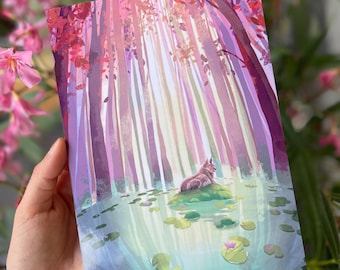 Carte Postale A5 BRILLANTE lynx automne étang lac nénuphar Jura forêt Serenity animal cat fleurs pétales roses Sakura Ilios nature fantasy