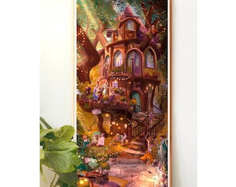 Guinguette Branchée boutique ecureuils nature foret cadeau maman chalet noel illustration poster mignon magique fantasy art affiche paysage