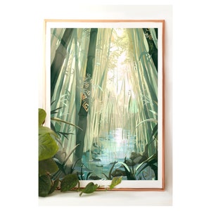 Ilustração bambu rio jardim estufa paisagem relaxamento ioga calma paisagem decoração parede pôster cartão pintura digital presente mãe