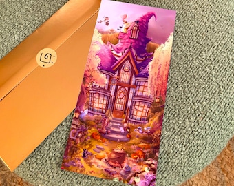 Carte Postale Chapeau Tordu Sorcière halloween magie boutique sortilège balet volants chat mignon automne paysage nature potions girl power