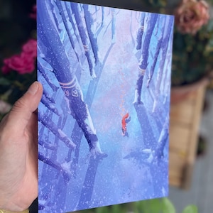 Carte Postale A5 BRILLANTE renard neige hiver Jura forêt paysage noel animal fox ice print fleurs pétales roses Sakura Ilios nature fantasy