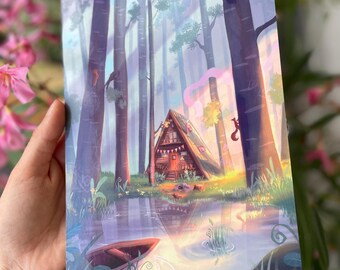 Postal A5 BRILLANTE chalet avellana ardilla paisaje naturaleza bosque estanque lago barco pesca fuego primavera verano arte naturaleza fantasía zorro