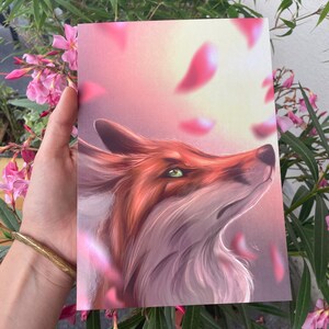 Carte Postale A5 BRILLANTE Renard face êtes cute animal fox illustration dessin art print fleurs pétales roses Sakura Ilios nature fantasy