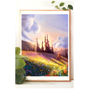 Peut inclure: Une peinture numérique représentant un renard debout dans un champ de fleurs sauvages. Le renard regarde le ciel, qui est d'un bleu doux avec des nuages blancs moelleux. Les arbres à l'arrière-plan sont en silhouette contre le coucher de soleil.