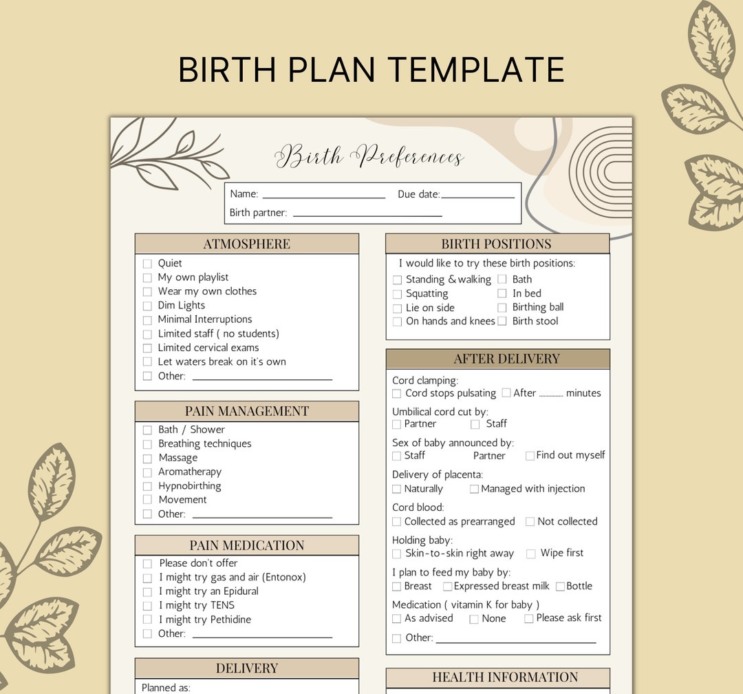 BIRTH PLAN Template Notes Printable and Fully Editable in Canva Neutral ...