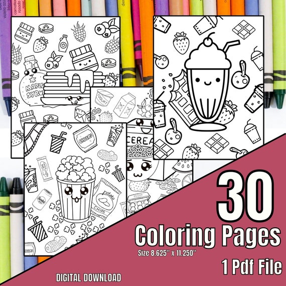 30 printable cute kawaii food coloring pages bundle sweet etsy