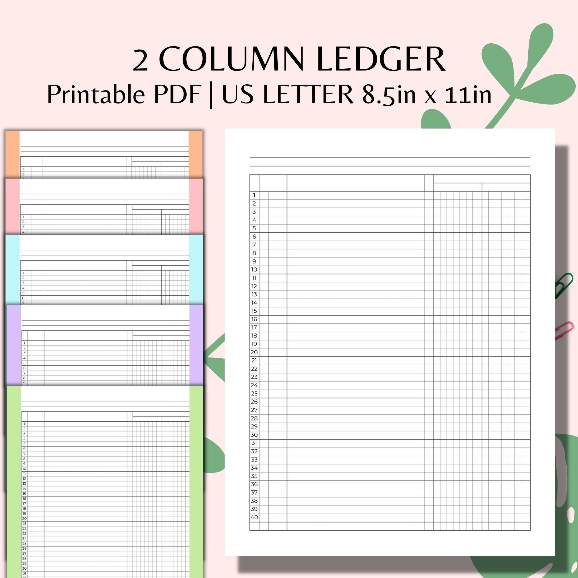Printable 2 column ledger account for small business or etsy