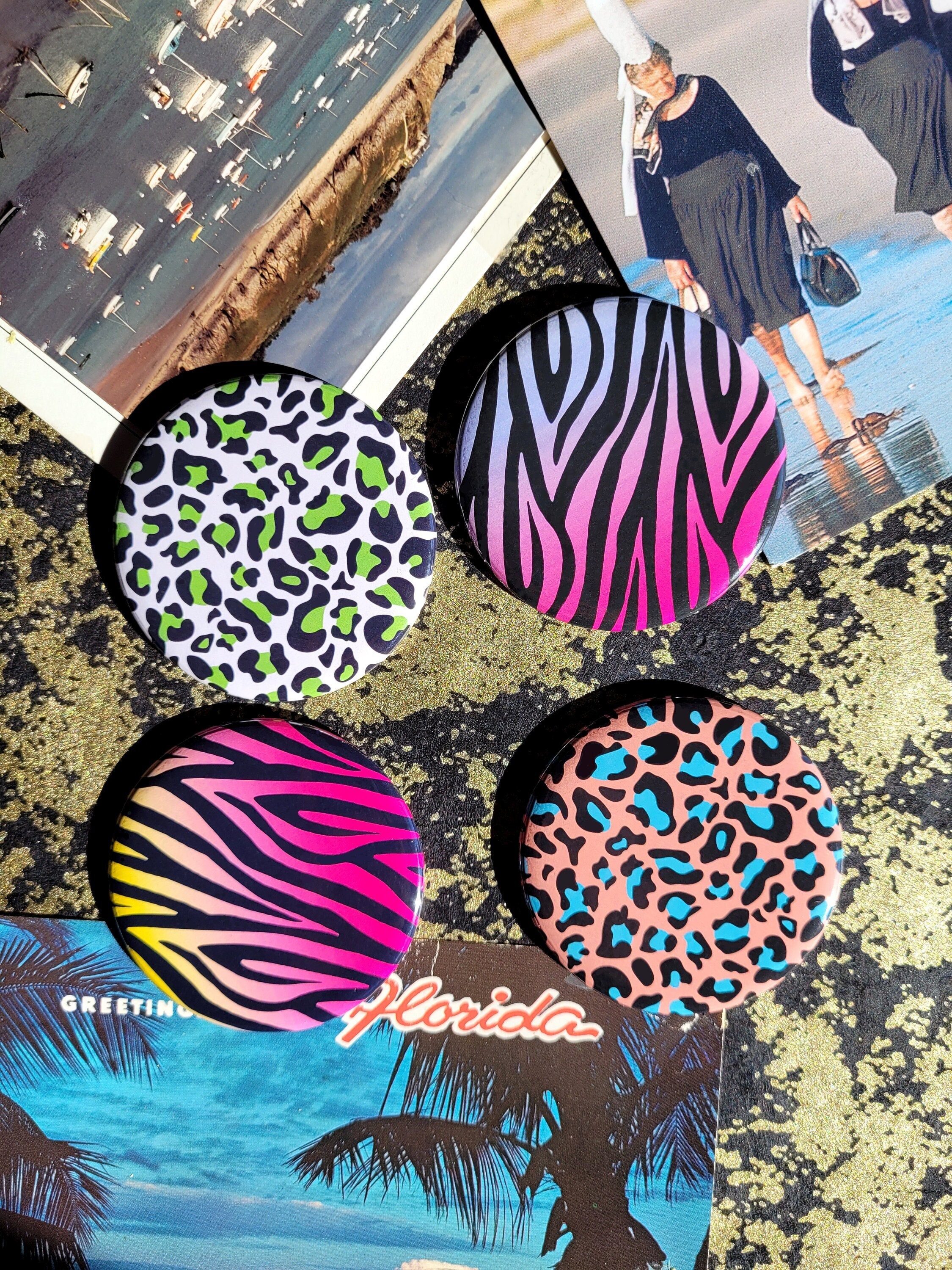 Lot de 4 Magnets 56 mms Leopard Zèbre Pièces Uniques