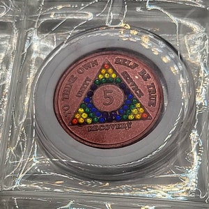 AA Alcoholics Anonymous 5 month red RAINBOW coin sobriety chip! Free coin capsule. Free AA vinyl stickers!