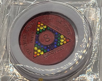 AA Alcoholics Anonymous red 8 month RAINBOW recovery coin chip! Free vinyl AA decals. Free coin capsule.