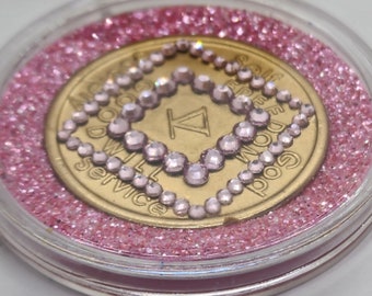 ANY year Narcotics Anonymous NA medallion modified with pink gems!  FREE coin capsule, gift box, and na recovery goodie bag!!