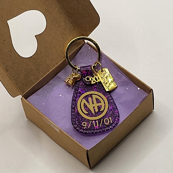 Custom Narcotics Anonymous GLITTER glow keytag ! Add your clean date & 1st initial!  Recovery key tag Free goodies great gift for sponsor