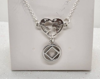 925 Silver Narcotics Anonymous world love and NA charm necklace. Recovery jewelry & gifts Heart Free NA recovery goodie bag! Ships fast aa