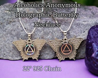 925 Alcoholics Anonymous Butterfly holographic 22" necklace. AA jewelry w/free recovery grab bag! Silver 925 snake chain.  Gift boxed.