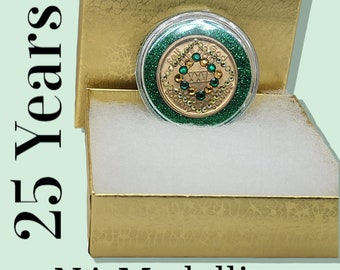 NA Narcotics Anonymous 25 years bronze medallion modified w/ green & gold gems!