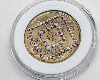 NA Narcotics Anonymous bronze 9 year modified medallion w/pink gems!! Free coin capsule!
