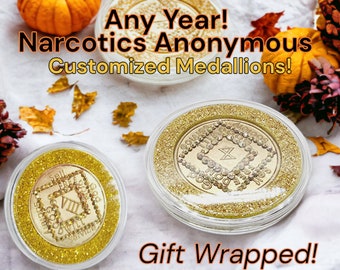 ANY year NA medallion! Any milestone Narcotics Anonymous coin! Free NA gift bag, coin capsule, & gift box. Great chip gift for recovery