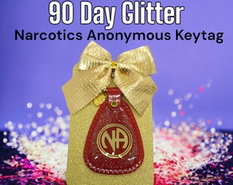 90 Day Red GLITTER Narcotics Anonymous Keytag! W/NA Goodie Bag! Unique sparkling gift. Recovery keychain. 90 Day Milestone key ring