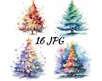 16 JPG Imágenes prediseñadas de árbol de Navidad, imágenes prediseñadas de acuarela de árbol de Navidad, imágenes prediseñadas de árbol de Navidad de acuarela, descarga digital, imágenes prediseñadas de árboles nevados