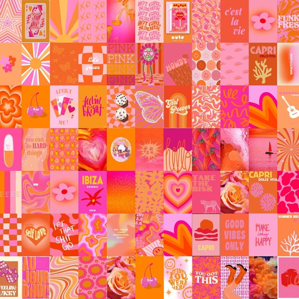 Pink and Orange Preppy Poster Prints | Pink Danish Wall Collage | Danish Wall Photo Collage | Danish Aesthetic Photo Collage Orange Wall Art