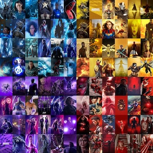 Op de afbeelding: Een collage van Marvel-superheldenpersonages, waaronder Iron Man, Captain America, Thor, Black Widow, Hulk en Spider-Man. De personages zijn gerangschikt in een rasterpatroon, waarbij elk personage in een andere pose of actie verschijnt. De achtergrond is een mix van felle kleuren en abstracte patronen.