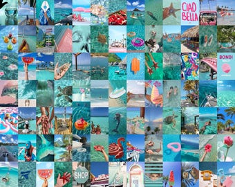 Kit de collage de pared turquesa / Láminas de collage de fotos con estética azul / Collage de pared de verano rosa y azul / Collage de fotos playero / Póster de verano