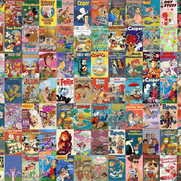 Retro Cartoons wall collage kit - Kidcore, vintage aesthetic, vintage decor, collage dorm decor, room decor, DIGITAL DOWNLOAD