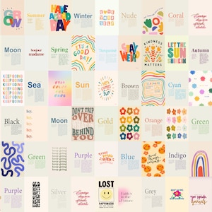 70 piezas carteles retro de salud mental, terapia, arte de pared imprimible estético de moda, arte de pared de buenas vibraciones, citas estéticas de colores, arte de pared retro