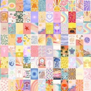 May include: A collage of 64 colorful squares with various designs and text. The squares feature a variety of themes, including flowers, rainbows, stars, and sunbursts. Some squares contain text, such as "New York", "Dancing Queen", "One Day at a Time", and "Drama".