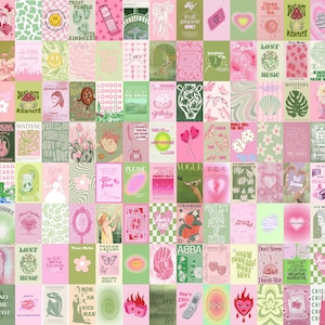 100 PCS / Impresiones de carteles vintage verdes y rosas / Collage de carteles vintage / Collage de fotos de pared estética rosa / Collage de fotos danés pastel