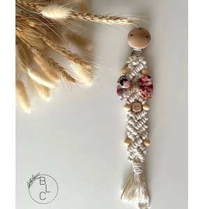 Personalized Macrame Pacifier Clip with Fabric Bow Tie and Wooden Beads - Unique Baby Gift - Handmade Baby Accessory