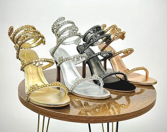 Sandalias de lujo para novias y fiestas con tacón de serpiente en espiral y diamantes hechas a mano / Dorada, plateada, negra y champán / Bisma