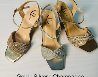 Bisma (B43) Handmade Sandal 3 inch heel, Gold, Silver, Champagne Wedding Party Style Womenswear