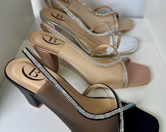 Handmade Diamanté Slingback Heels, Transparent Upper, Party Wedding Shoes