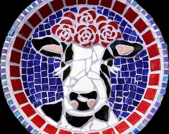 Beautiful Cow Mosaic Birdbath.