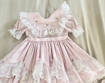 Vintage by LILO Cali USA Full Circle dress Ruffle Pageant Lace baby pink rose 3t-4t