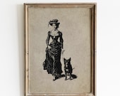 Vintage Woman and Dog Art Print, Antique Style (Digital Download)